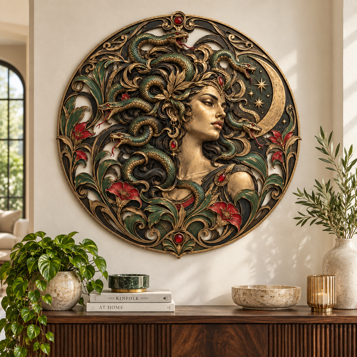 Vintage Crescent Moon Medusa Metal Sign, Aesthetic Mythical Gothic Wall Art Decor