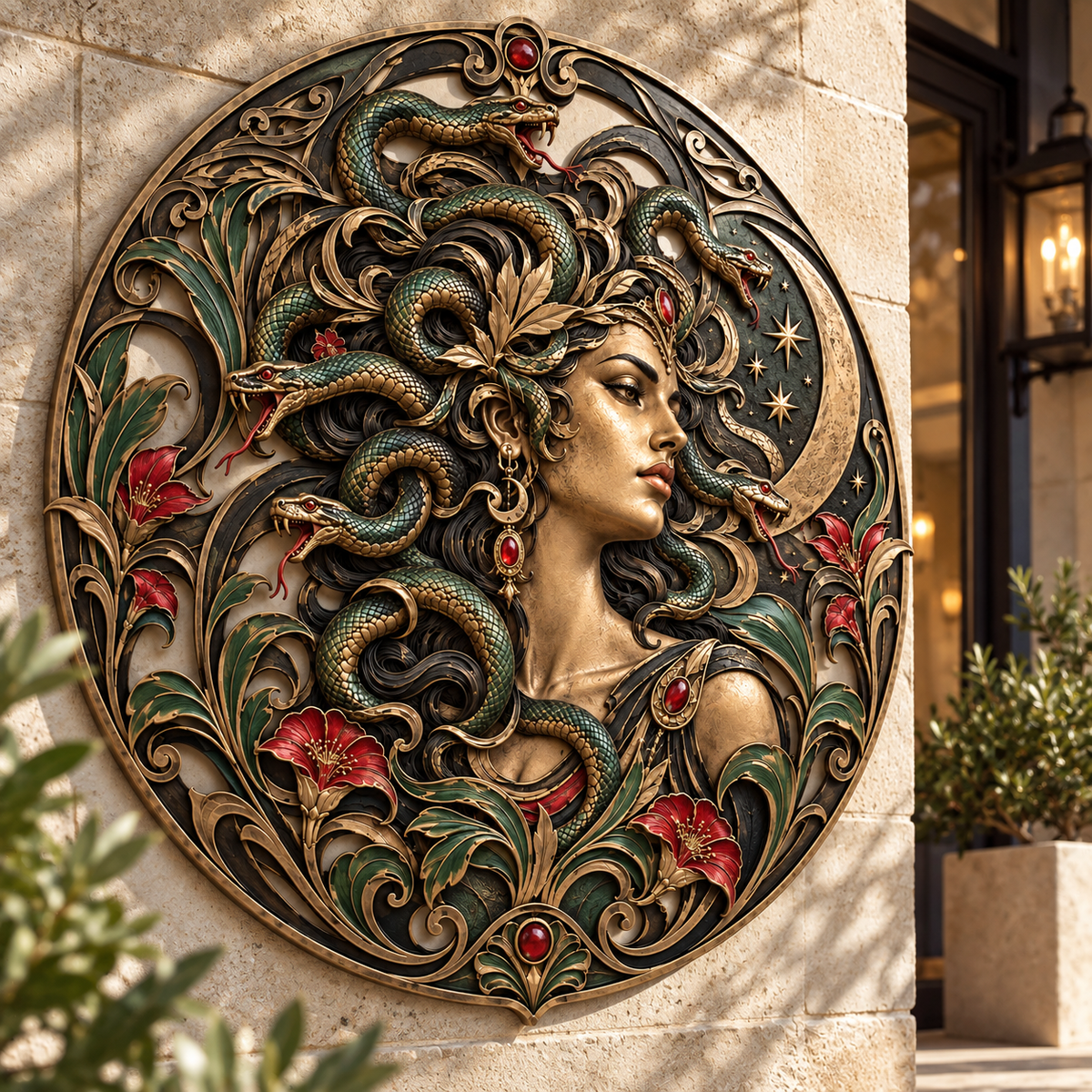 Vintage Crescent Moon Medusa Metal Sign, Aesthetic Mythical Gothic Wall Art Decor